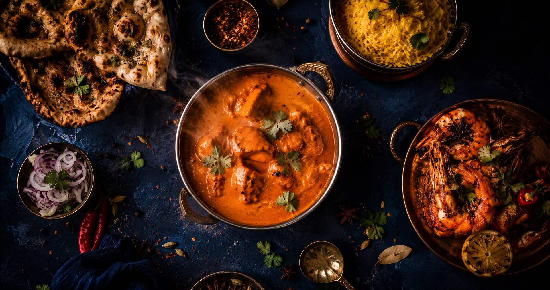 A luxurious spread of Indian dishes — butter chicken, saffron rice, naan and tandoori king prawns at Indian Blues Chesterfield