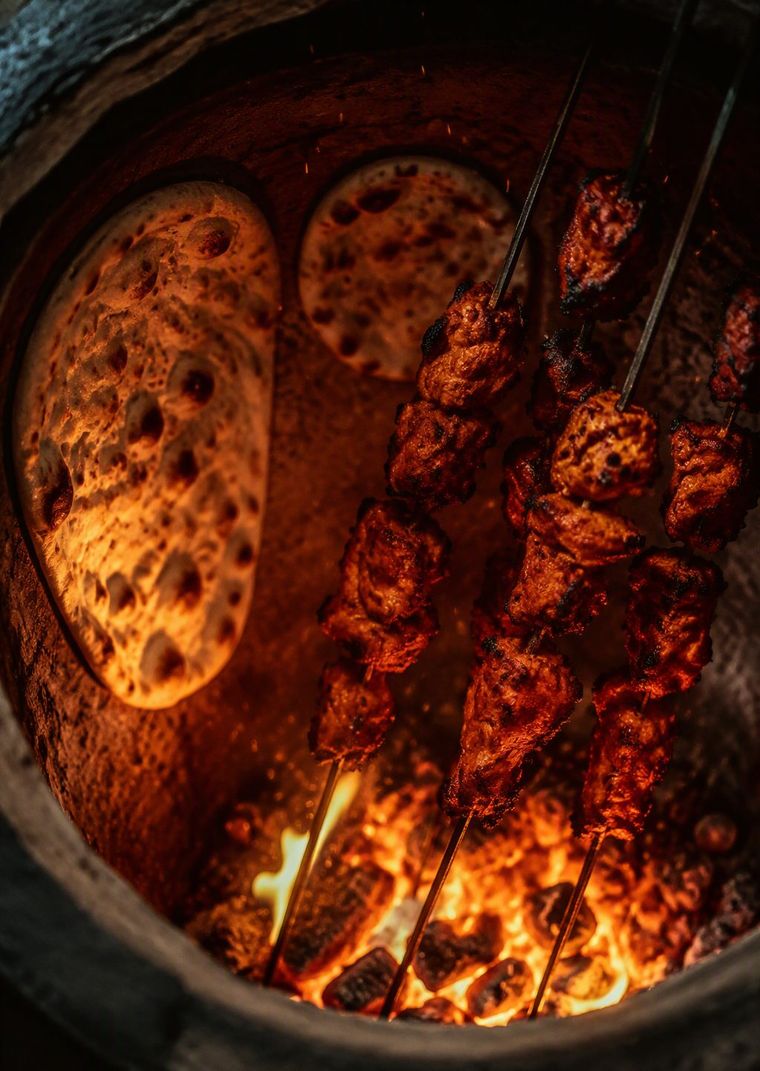 Naan bread and tandoori skewers cooking over glowing coals in the clay tandoor oven at Indian Blues